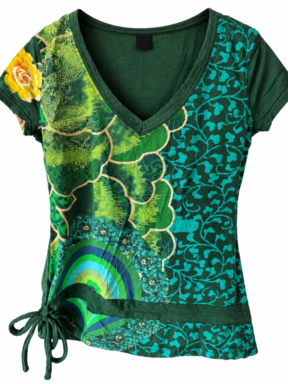 Desigual Green Multi-Pattern V-Neck Tie-Waist Tee